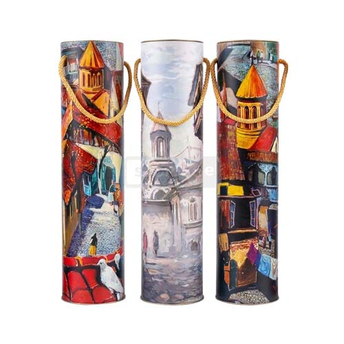 ღვინის ბოთლის სასაჩუქრე ქილა ნახატით 12*38სმ 1*20ც